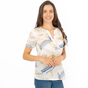 Seasalt Cornwall Dancing Light White Abstract Print Short Sleeve Lightweight Summer Blouse Tops - Quality Brands Outlet