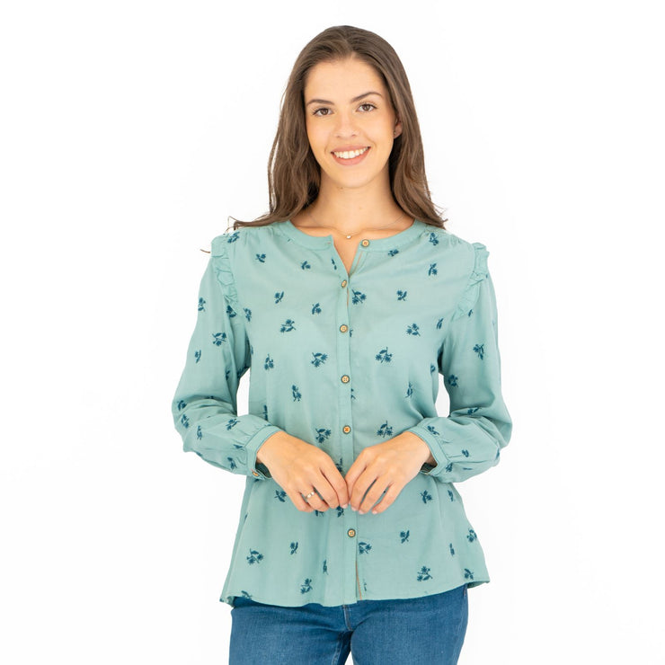White Stuff Florine Embroidered Shirt Soft Green Long Sleeve Tops