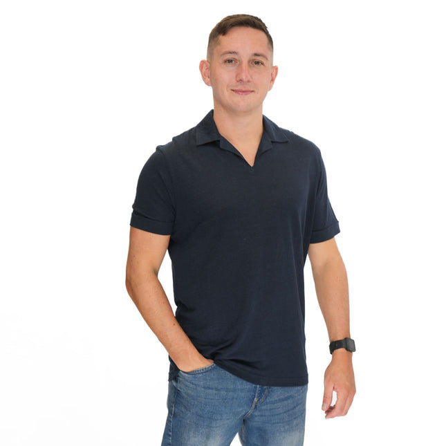 M&S Navy Pure Linen Polo Shirts-Quality Brands Outlet-