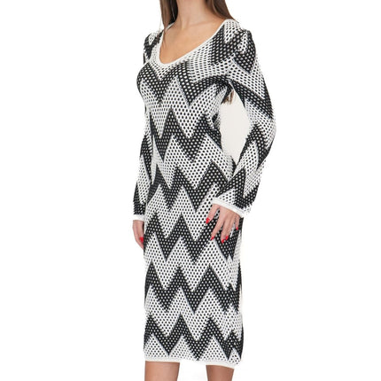 M&S Black White Crochet Chevron Midi Dress-Quality Brands Outlet-