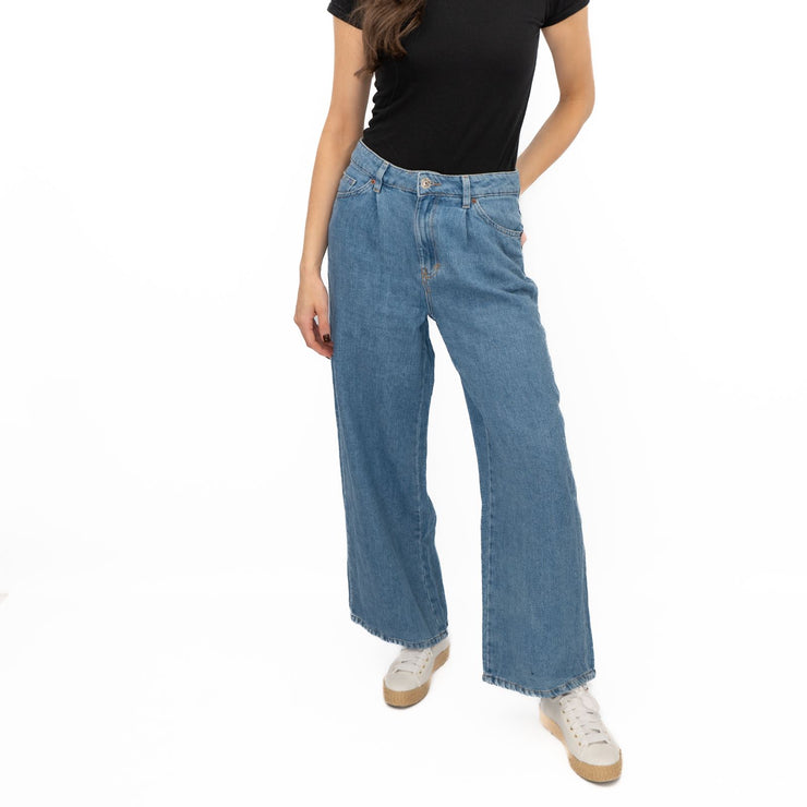 M&S Linen Blend Denim Wide Leg Blue Jeans