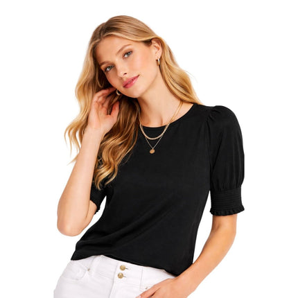 Boden Black Puff Sleeve T-Shirt Cotton Smocked Cuff Casual Summer - Quality Brands Outlet