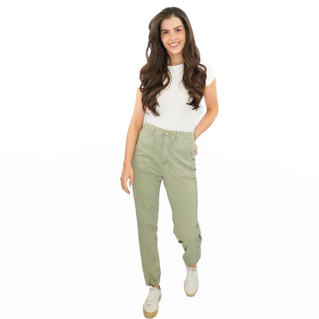 M&S Cotton Blend Slim Fit Trousers Stretch Elasticated Cuff Green-Quality Brands Outlet-
