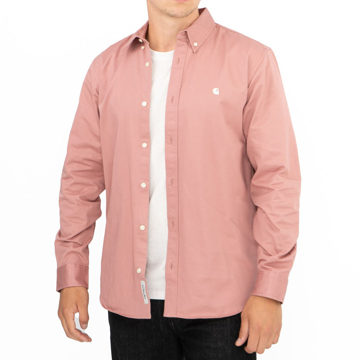 Carhartt WIP Mens Shirt Long Sleeve Madison Pink Collared Button-Up Tops
