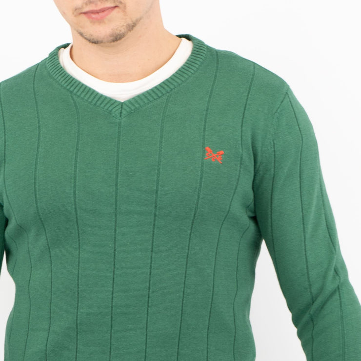 Crew Clothing Mens Jumper Green V-Neck Ribbed Long Sleeve Organic Cotton