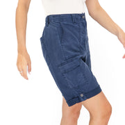 M&S Cargo Shorts Elastic Waist Cotton Lyocell Navy Blue Turn Up - Quality Brands Outlet