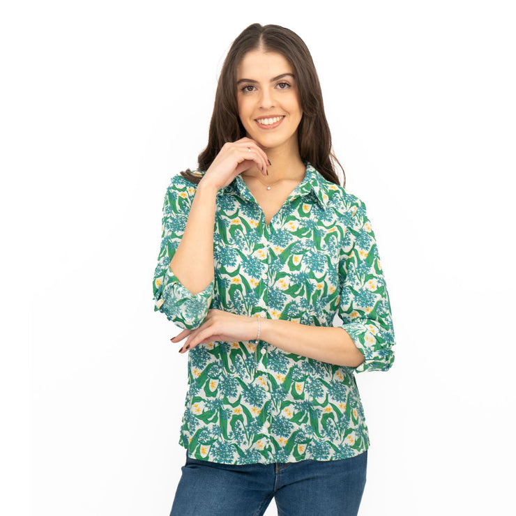Seasalt Larissa Shirt Top Green Cotton Woodland Garlic Chalk Print - Quality Brands Outlet