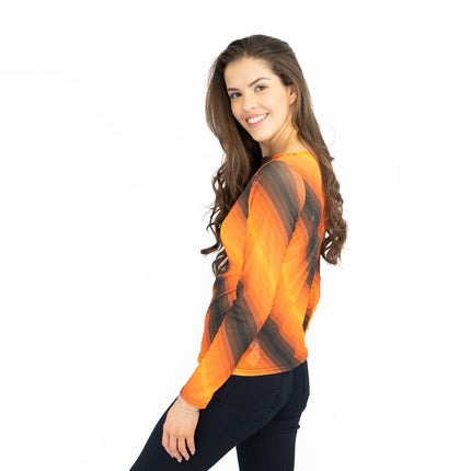 Karen Millen Orange Striped Long Sleeve Mesh Tops-Quality Brands Outlet-