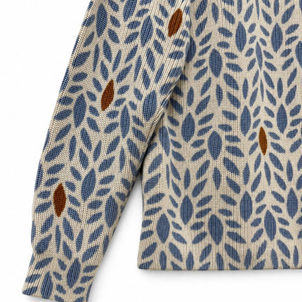 Womens Jumpers Botanical Leaf Print 100% Merino Wool Crew Neck Jumper – Cream Blue Brown-Quality Brands Outlet-