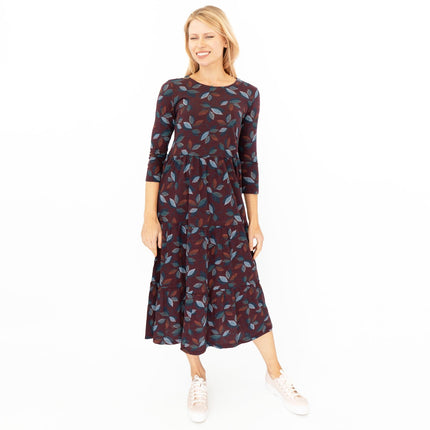 Seasalt Burgundy Leaves Line Strokes Midi Dress-Quality Brands Outlet-