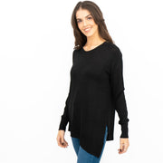 Evans Womens Asymmetric Top Black Longline Crew Neck Long Sleeve Relaxed Fit - Quality Brands Outlet