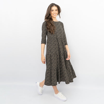 Seasalt Black Ditsy Cotton Strokes Jersey 3/4 Sleeves Knee Length Dresses