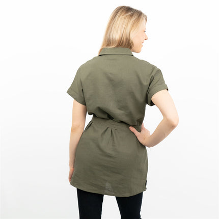 Khaki Green Short Sleeve Longline Shirts Utility Style Women's Tops-Quality Brands Outlet-