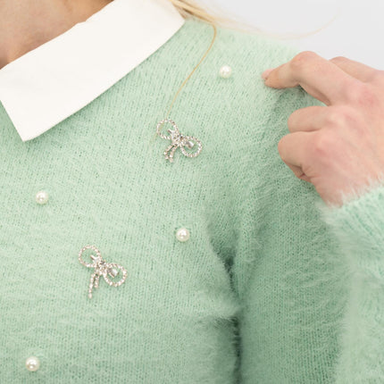 River Island Embellished Fluffy Hybrid Jumper Green Mock Shirt - Quality Brands Outlet