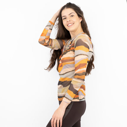 Warehouse Brown Abstract Print Keyhole Long Sleeve Mesh Tops-Quality Brands Outlet-
