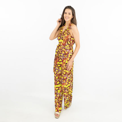 Karen Millen Yellow Gold Chain Print Sleeveless Wide Leg Stretchy Collared Jumpsuits-Quality Brands Outlet-