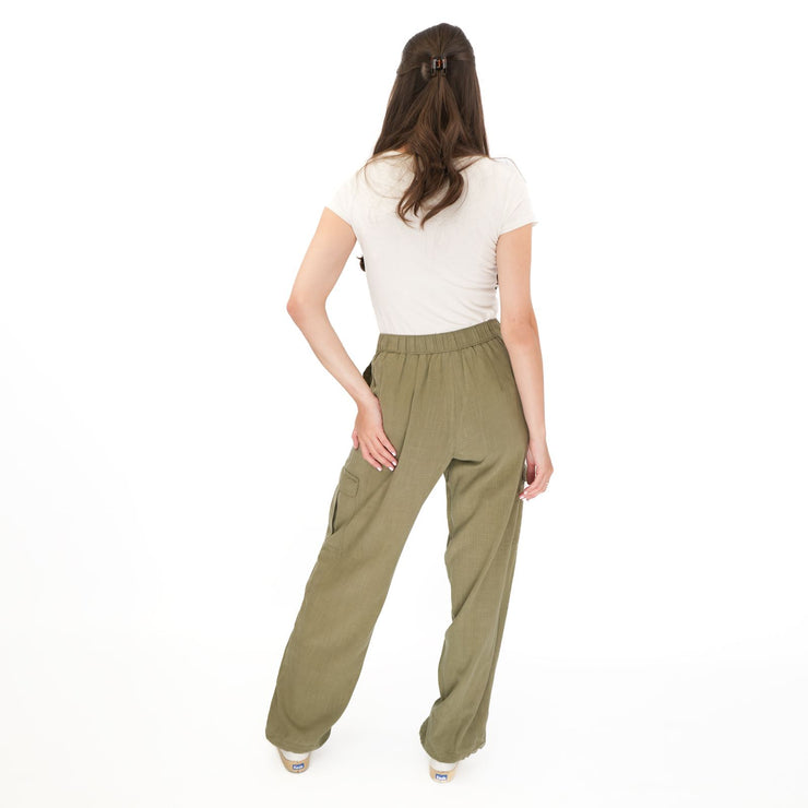 M&S Per Una Cargo Trousers Linen Lyocell Blend Khaki Green Wide Leg with Drawstring - Quality Brands Outlet