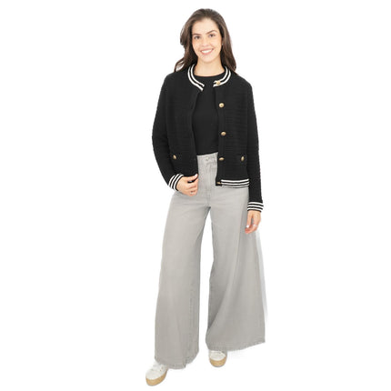M&S Black Gold Button Cardigan Classic Textured Crew Neck - Quality Brands Outlet