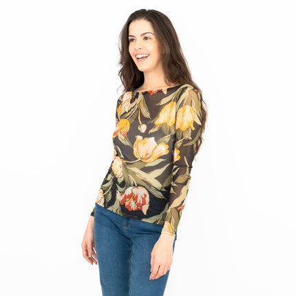 Karen Millen Floral Tulip Mesh Top Womens Long Sleeve Round Neck-Quality Brands Outlet-