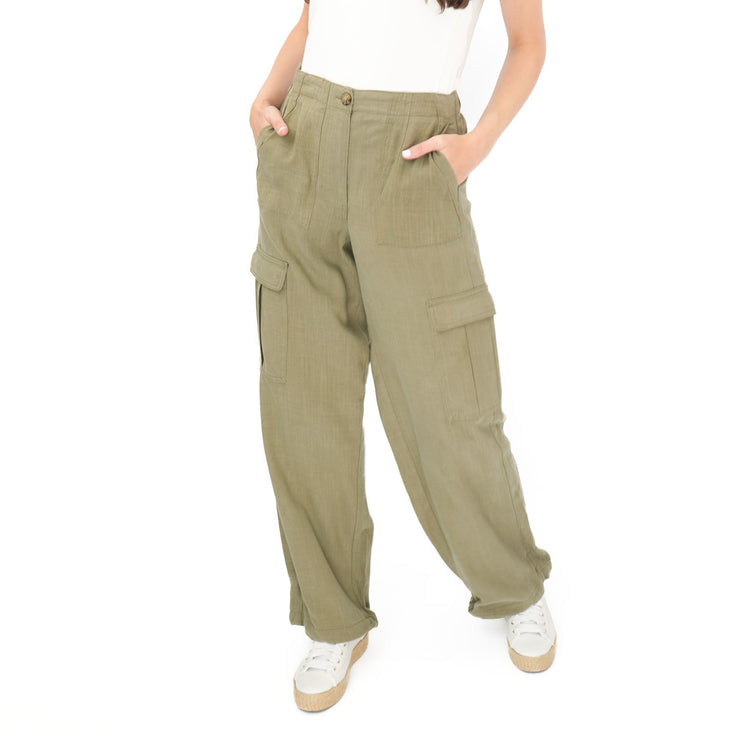 M&S Per Una Cargo Trousers Linen Lyocell Blend Khaki Green Wide Leg with Drawstring - Quality Brands Outlet