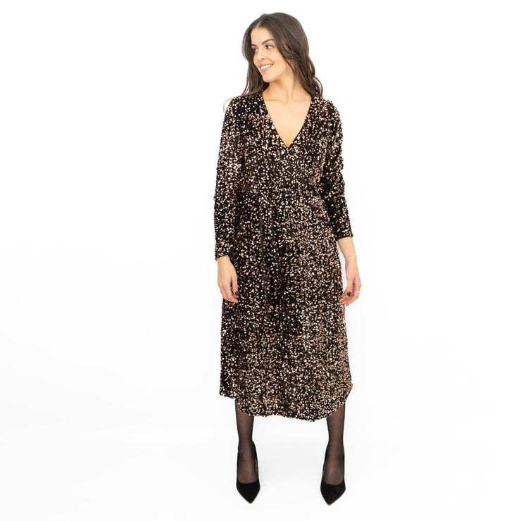 Velvet Sequin Wrap Midi Dress Sparkle Bronze - Quality Brands Outlet