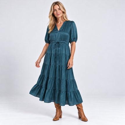 Womens Dress Long Sleeve Elle Tiered Satin Maxi Dress in Rich Teal Green-Quality Brands Outlet-