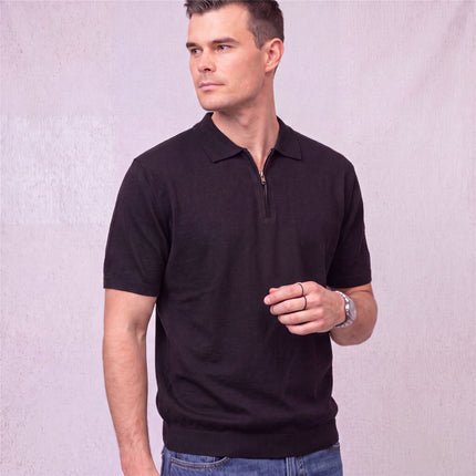 Massimo Dutti Mens Classic Knitted Linen Blend Polo Shirt Half Zip Neck Black