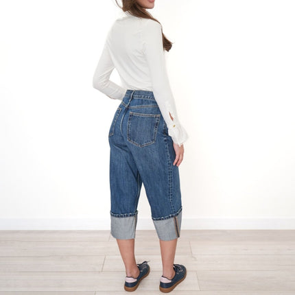 Next Crop Turn Up Jeans Wide Leg Mid - Blue Denim - Quality Brands Outlet