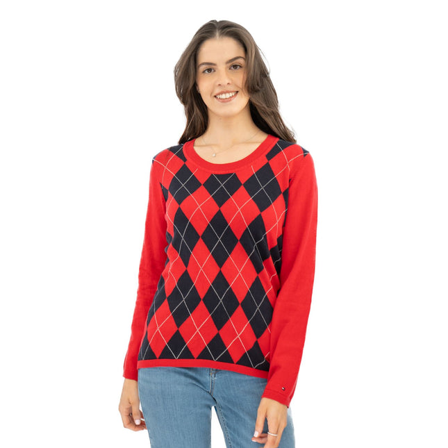 Lucy Argyle Jumper Red Diamond Intarsia Long Sleeve Tops-Quality Brands Outlet-