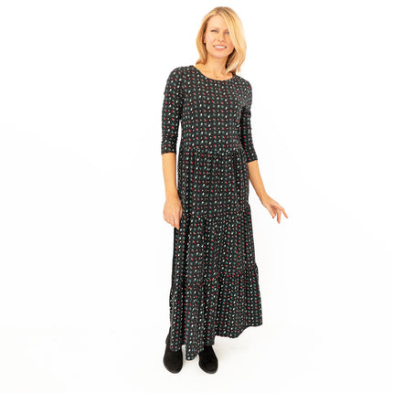 Seasalt Black Floral Line Strokes Midi Tiered Dress 3/4 Sleeve-Quality Brands Outlet-