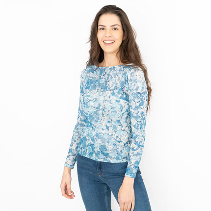 Karen Millen Long Sleeve Boat Neck Blue Abstract Tops-Quality Brands Outlet-