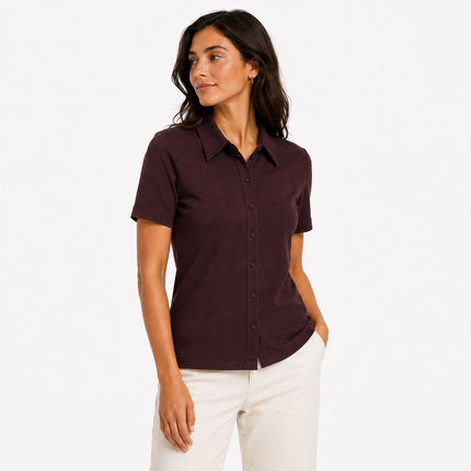 M&S Autograph Shirt Raisin Brown Fitted Jersey Short Sleeve Top