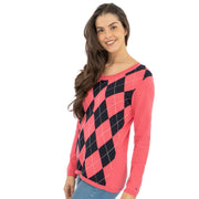 Lucy Argyle Jumper Pink Diamond Intarsia Long Sleeve Tops - Quality Brands Outlet