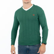 Crew Clothing Mens Jumper Green V-Neck Ribbed Long Sleeve Organic Cotton