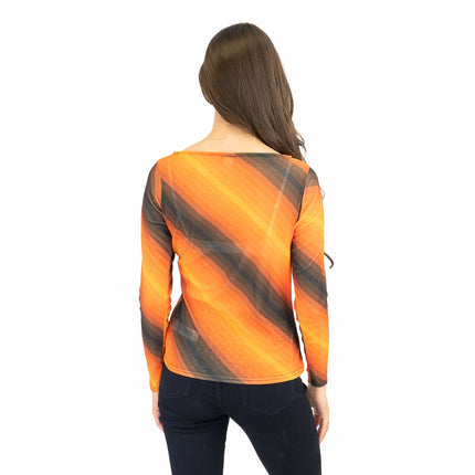 Karen Millen Orange Striped Long Sleeve Mesh Tops-Quality Brands Outlet-