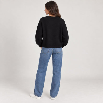 Womens Jumpers Relaxed Fit Crew Neck Knit Tops - Black