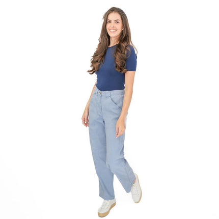 M&S Light Blue Straight Leg Trousers Stretch Cotton Rich Relaxed Utility - Quality Brands Outlet