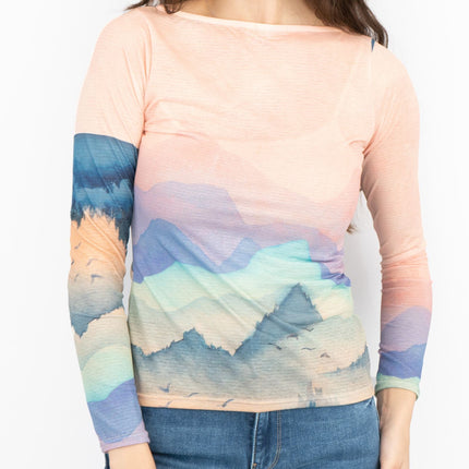 Karen Millen Pink Landscape Boat Neck Long Sleeve Tops-Quality Brands Outlet-