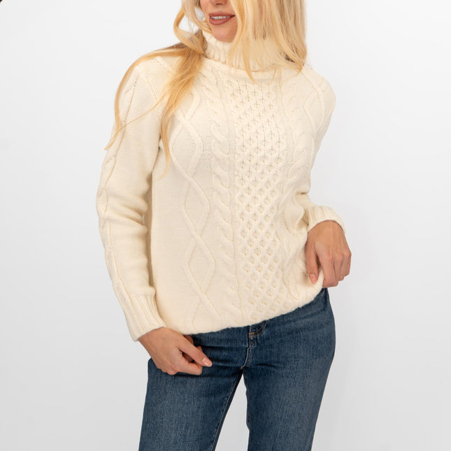 M&S Womens Ivory Cable Knit Roll Neck Longline Jumper-Quality Brands Outlet-