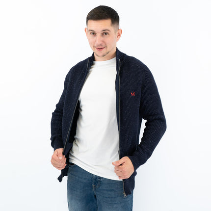 Crew Clothing Mens Chunky Knit Jacket Zip Up Navy Flecks - Quality Brands Outlet