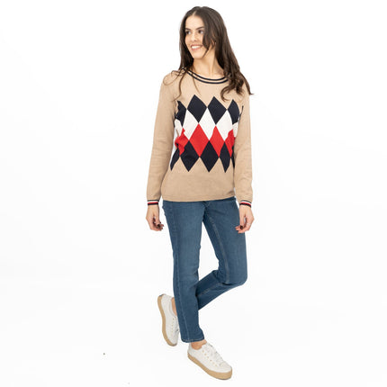 Lucy Argyle Jumper Beige Diamond Intarsia Long Sleeve Tops-Quality Brands Outlet-