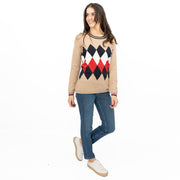 Lucy Argyle Jumper Beige Diamond Intarsia Long Sleeve Tops - Quality Brands Outlet
