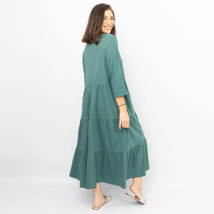 Seasalt Strokes Evergreen Cotton Jersey 3/4 Sleeves Tiered Long Maxi Dresses