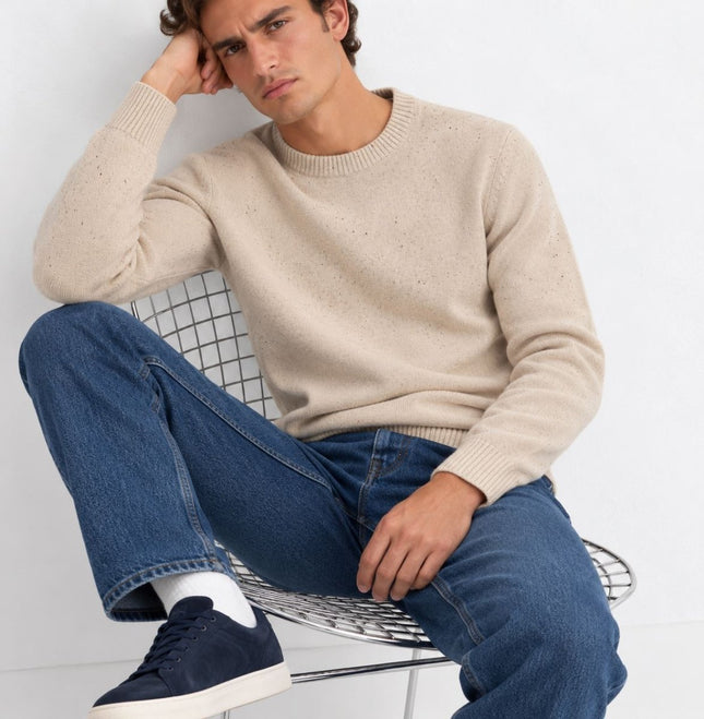 Mens Jumpers Ultimate Lambswool Crew Neck Jumper - Stone Beige-Quality Brands Outlet-