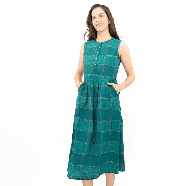 Seasalt Green Check Creek Cottage Midi Dress-Quality Brands Outlet-