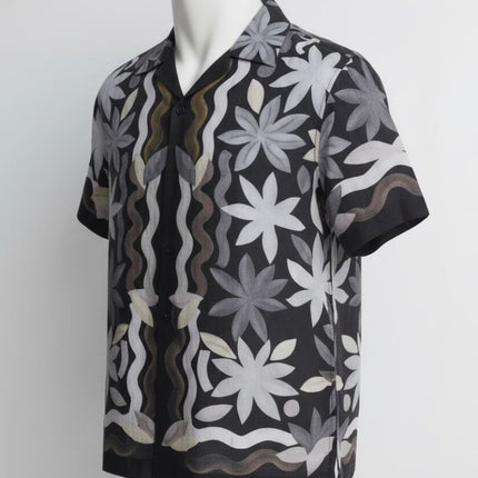 Mens Black Delphi Linen Floral Cuban Collar Shirt - Quality Brands Outlet