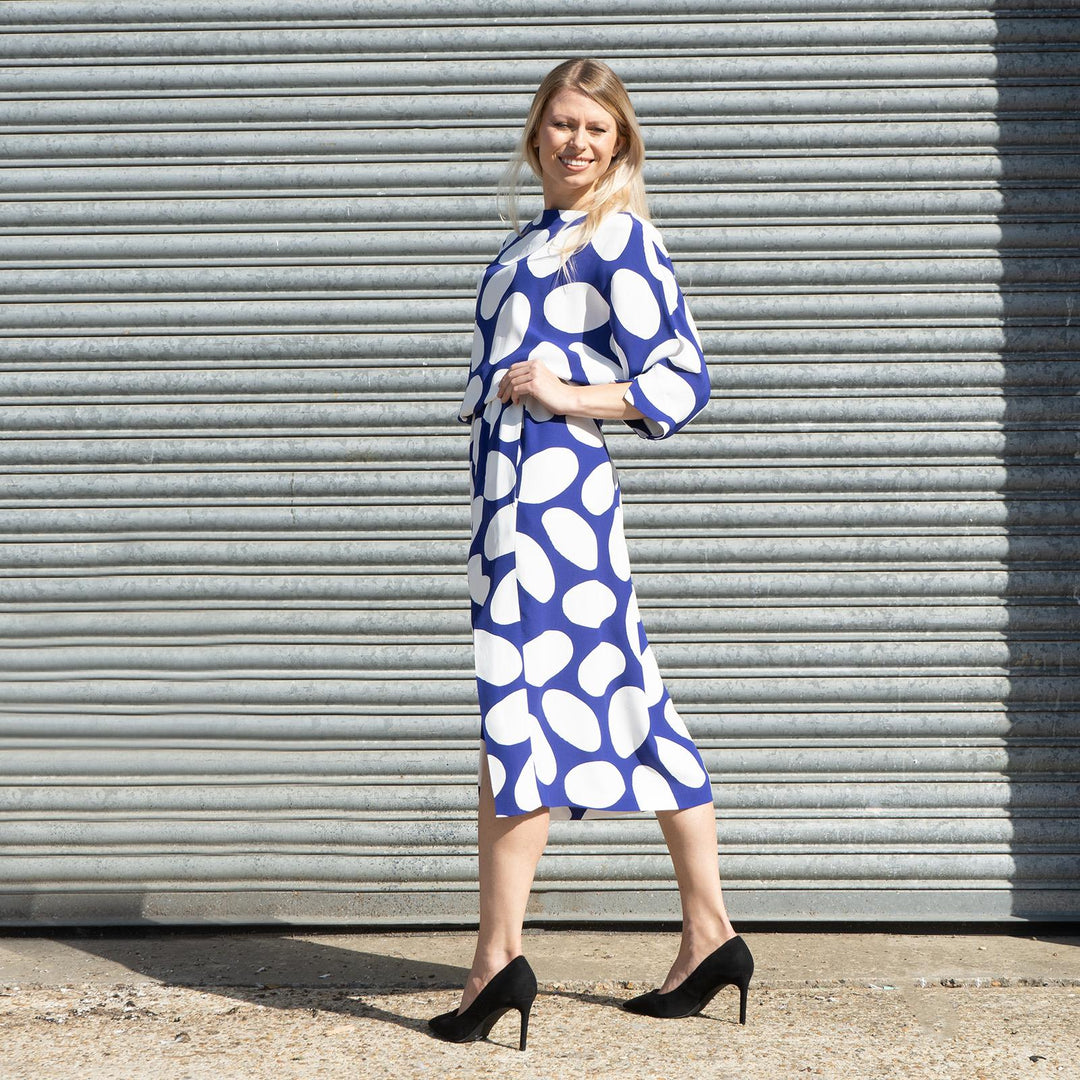 Jasper Conran Blue Print Boat Neck Midi Dress