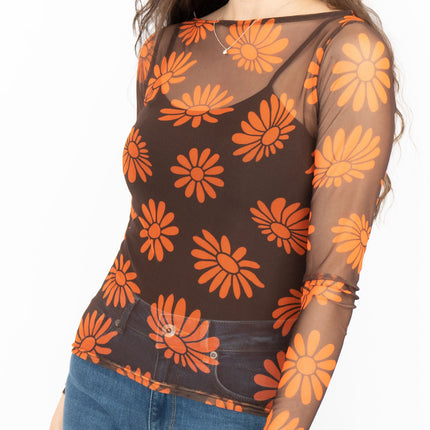 Karen Millen Floral Brown & Orange Boat Neck Long Sleeve Mesh Tops-Quality Brands Outlet-