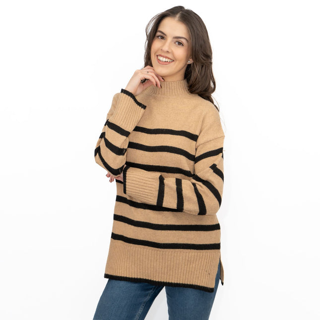 Nobodys Child Beige Striped Funnel Neck Longline Jumper - Quality Brands Outlet