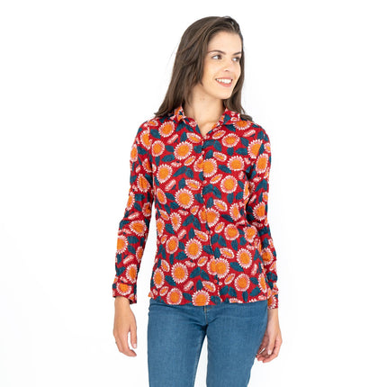 Seasalt Larissa Red Daisies Shirt Long Sleeve Cotton Button-Up Tops-Quality Brands Outlet-